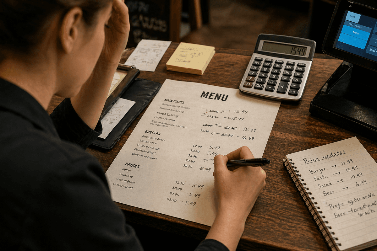 Restaurant menu problems showing outdated printed menus with crossed out items and frustrated customers